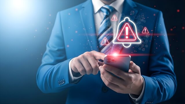Businessman using smartphone with notification bell icon representing alerts and warnings for business communication and digital security isolated on white background