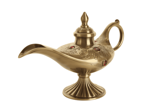 Ornate brass genie lamp isolated on transparent background