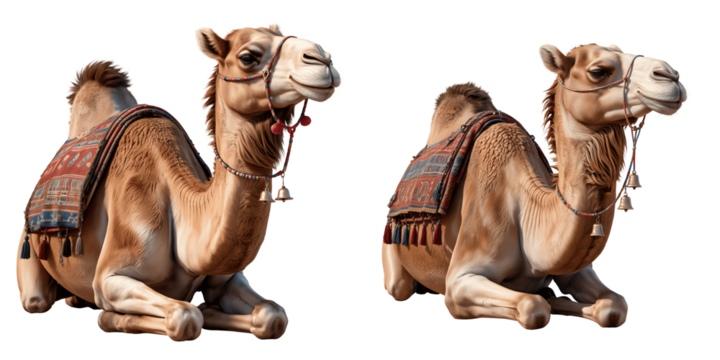 Two seated dromedary camels with saddles isolated on transparent background