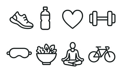 Health wellness icons: yoga, fitness, cycling, nutrition, relaxation symbols