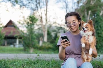 Asian woman holding Chihuahua dog and using smartphone for social media in outdoor park