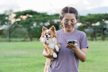 Asian woman holding Chihuahua dog and using smartphone for social media in outdoor park