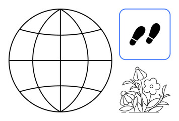 Globe overlapping footsteps and flowers highlights sustainability, eco-living, and global ecological balance. Ideal for environment, ecology, clean energy, conservation, earth day, sustainable