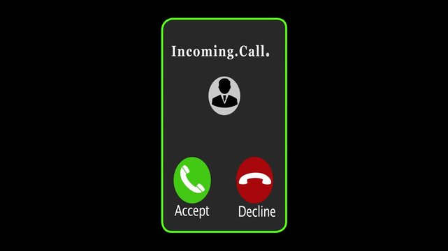 mobile phone screen with incoming call animation, incoming call with accept incoming call labeled as Spam, with incoming call, man profile picture unknown incoming call Neon call icon voice ...