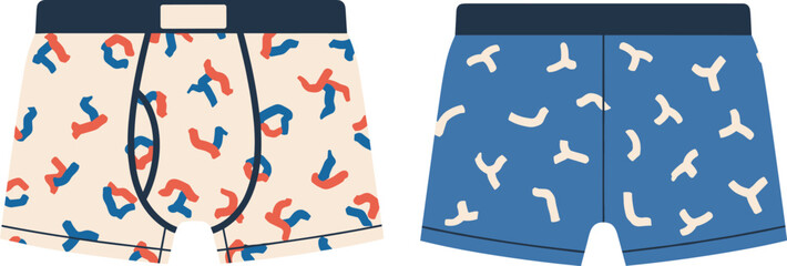 Men’s boxer briefs front view flat sketch, abstract pattern waistband patch fly detail, cad drawing flat vector illustration underwear fashion template