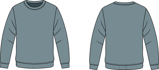 Muted blue-gray crewneck sweatshirt front and back view, ribbed trim flat vector fashion sketch for garment design or apparel catalog template