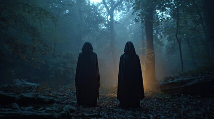Deep forest with ghostly apparitions at dusk concept. Mysterious figures in cloaks amidst a foggy forest landscape.