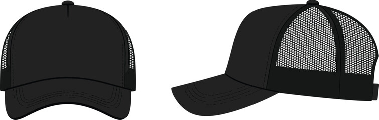 Mesh trucker cap front and side flat sketch, curved brim adjustable strap ventilation detail, cad drawing flat vector illustration fashion template