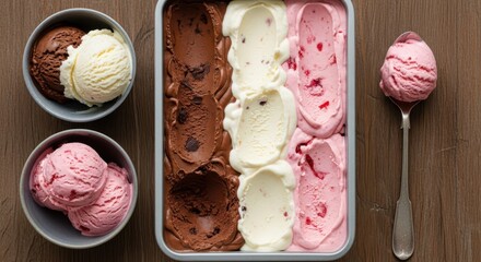 A delightful assortment of creamy chocolate vanilla and strawberry ice cream flavors presented in a tin and bowls