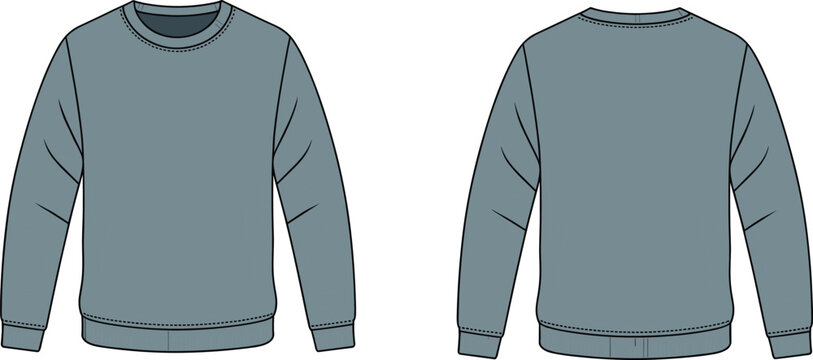 Muted blue-gray crewneck sweatshirt front and back view, ribbed trim flat vector fashion sketch for garment design or apparel catalog template