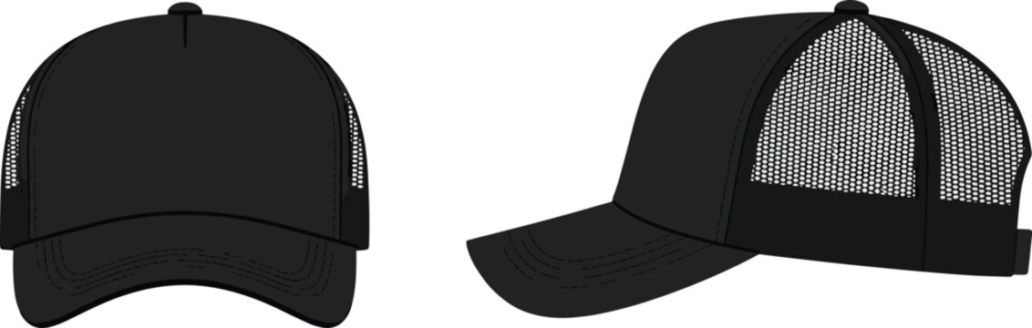 Mesh trucker cap front and side flat sketch, curved brim adjustable strap ventilation detail, cad drawing flat vector illustration fashion template