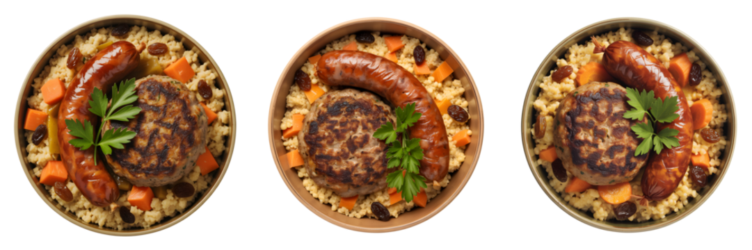 Couscous dish with meatball and sausage isolated on transparent background