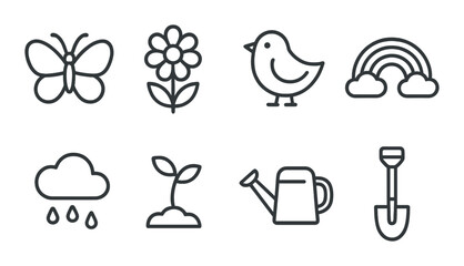 Nature themed outlines: butterfly, flower, bird, rainbow, rain, seedling, watering can, shovel