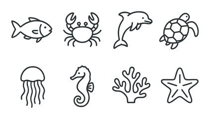 Marine icons: fish, crab, dolphin, turtle, jellyfish, seahorse, coral, starfish