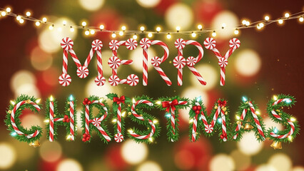 Merry Christmas text with candy canes, holly, garlands. Holiday season greeting for celebration. Winter festive design.