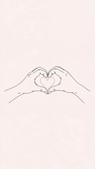 Woman showing heart gesture with her hands. Love and care concept illustration. A simple line art drawing with a pink heart.