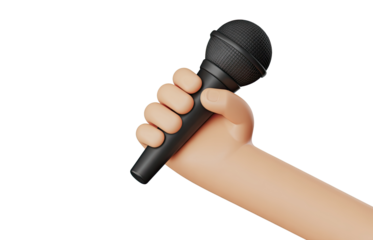 A cartoon hand holding a black microphone against a black background in a studio setting