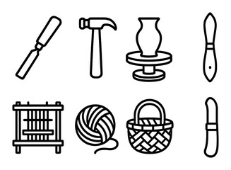Craft icons: pottery, woodworking, weaving, painting, knitting tools
