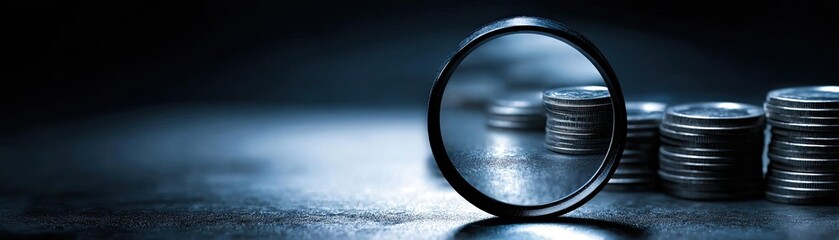 Financial setting with magnifying glass and coin stacks concept. A magnifying glass focusing on coins in a dark environment.