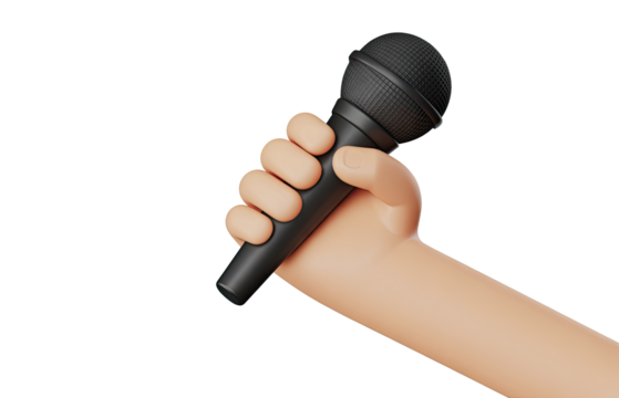 A cartoon hand holding a black microphone against a black background in a studio setting