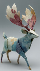 Elegant Origami Deer Sculpture with Leaf Pattern, Artistic Paper Folding Craft, Decorative Animal Figurine, Unique Design, Creative Art, Detailed Paper Art