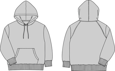 Hooded sweatshirt front and back flat sketch, raglan sleeve kangaroo pocket drawstring hood ribbed cuff hem detail, cad drawing flat vector illustration design