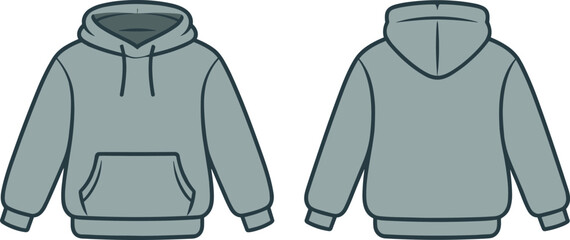 Light gray hooded sweatshirt front and back view, drawstring kangaroo pocket flat vector fashion sketch for garment design or apparel catalog template