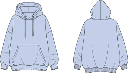 Hooded sweatshirt front and back flat sketch, raglan sleeve kangaroo pocket drawstring hood metal tip ribbed cuff hem, cad drawing vector illustration