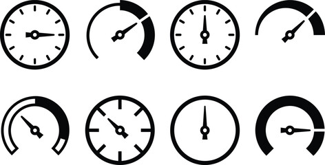 Tachometer and Speedometer Gauge Icon Set, Performance Indicator, Measurement, Maximum Speed, Dashboard, Progress, Rating, and Evaluation Outline Symbols Vector