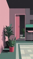 Abstract Interior with Pink Door, Plants, and Geometric Design: Modern Architectural Illustration in Pastel Colors for Minimalist Home Decor and