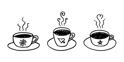 Set of cup of tea or coffee with rising steam Simple mug clipart Cozy home doodle Single element for print, web, design, decor