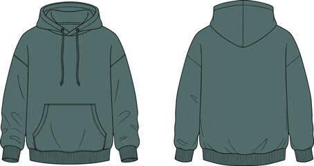 Hooded sweatshirt front and back flat sketch, drawstring hood kangaroo pocket ribbed cuff hem detail, cad drawing flat vector illustration fashion template