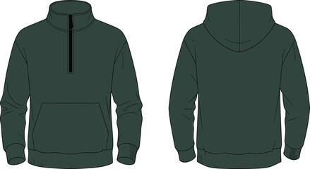 Half zip hoodie front and back flat sketch, kangaroo pocket drawstring hood ribbed cuff hem detail, cad drawing flat vector illustration template