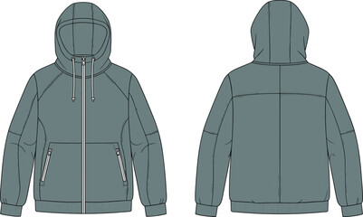 Hooded jacket front and back flat sketch, ergonomic sleeve seam zip pocket ribbed cuff hem detail, cad drawing flat vector illustration template