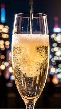 Sparkling wine poured into champagne flute at night.