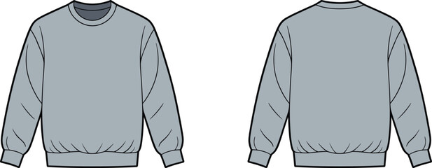 Gray crewneck sweatshirt front and back view, ribbed neckline cuffs hem, flat vector fashion sketch for garment design or apparel catalog template