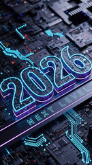 Neon 2026 next level text and digital circuit board. Technology evolution and future innovation concept. Progress and development.