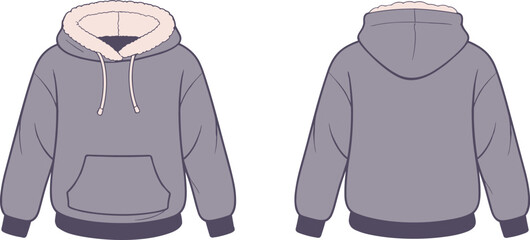 Gray hoodie with light pink hood lining, front and back view, flat vector fashion sketch for garment design or apparel catalog template