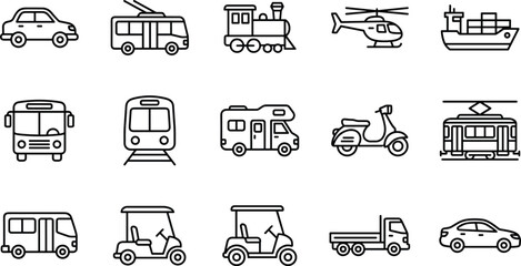 Transportation Vehicle line icons set, Car, Train, Bus, Truck, Scooter, Helicopter, Ship, Tram, RV, and Public Transport vector collection