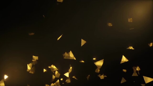 Elegant abstract background featuring a cascade of shimmering golden triangle confetti floating against a dark, mysterious backdrop for a festive celebration
