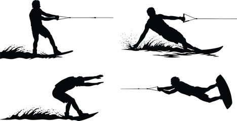 Wakeboarding Waterskiing Silhouettes Set, Male Athletes Performing Dynamic Action and Jumps on Water, Isolated Extreme Water Sport Vector Collection