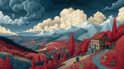Stylized Mountain Landscape with Red Trees, Dramatic Clouds, and a Cozy House, Featuring a Unique Artistic Style and a Sense of Tranquility and Wonder