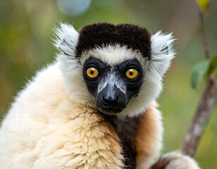 Fototapeta premium Close-up of a expressive and curious Sifaka Lemur with striking yellow eyes
