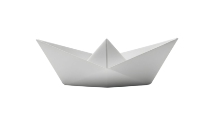 A simple white paper boat, a symbol of childhood memories and creative play. It's a classic origami design, ready to sail on an adventure, isolated on transparent background