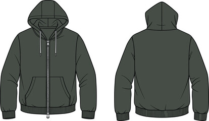 Full zip hoodie front and back flat sketch, drawstring hood kangaroo pocket ribbed cuff hem detail, cad drawing flat vector illustration template