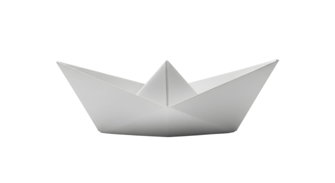 A simple white paper boat, a symbol of childhood memories and creative play. It's a classic origami design, ready to sail on an adventure, isolated on transparent background