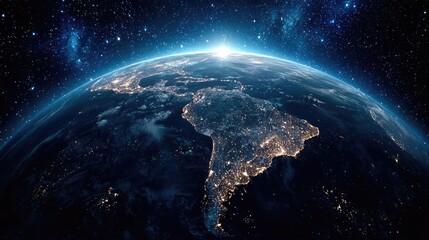 Obraz premium Earth at night showcasing lights of South America concept. Beautiful view of Earth from space showcasing vibrant continents.