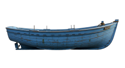 An old weathered blue boat rests peacefully in the still water, waiting for the next journey. The boat displays wear and tear, telling a story of past adventures, isolated on transparent background