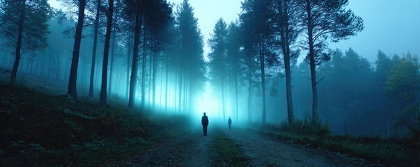 Deep forest with ghostly apparitions at dusk concept. Mysterious forest path illuminated by foggy light at dusk.