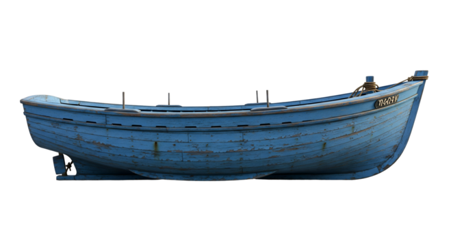 An old weathered blue boat rests peacefully in the still water, waiting for the next journey. The boat displays wear and tear, telling a story of past adventures, isolated on transparent background
